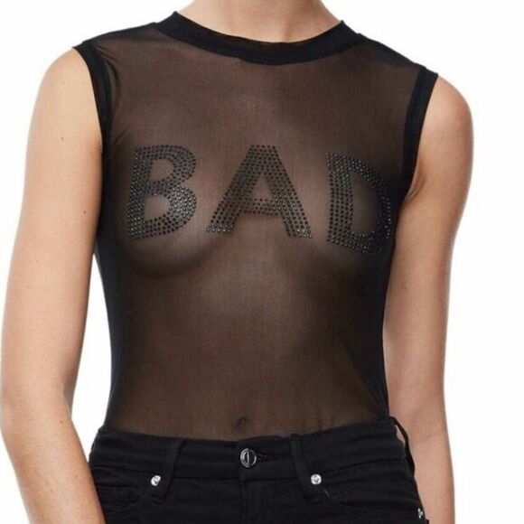 NWOT New Good American Good Body Bad Girl Black Rhinestone Sheer Bodysuit Small - Picture 2 of 13